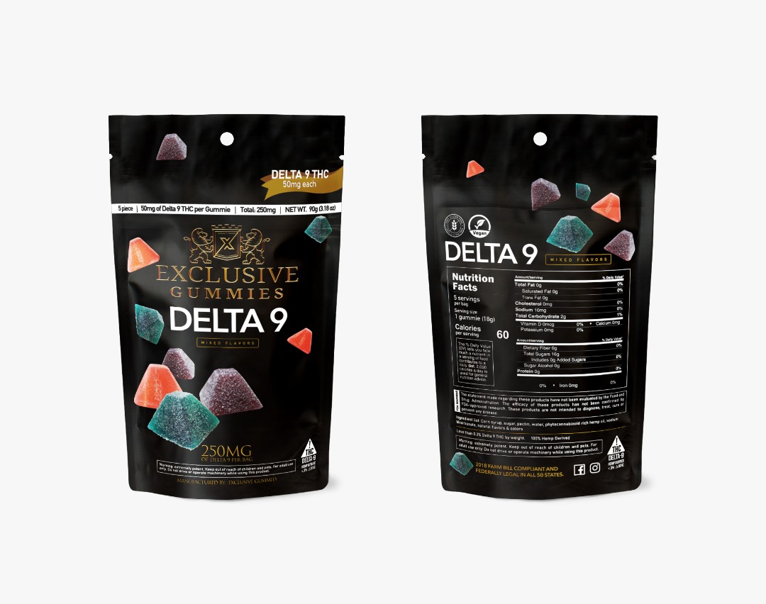 50mg Delta 9 THC pyramid gummies in child-resistant bag - 5 pack - Friendly High Tolerance Delta 9 Gummies